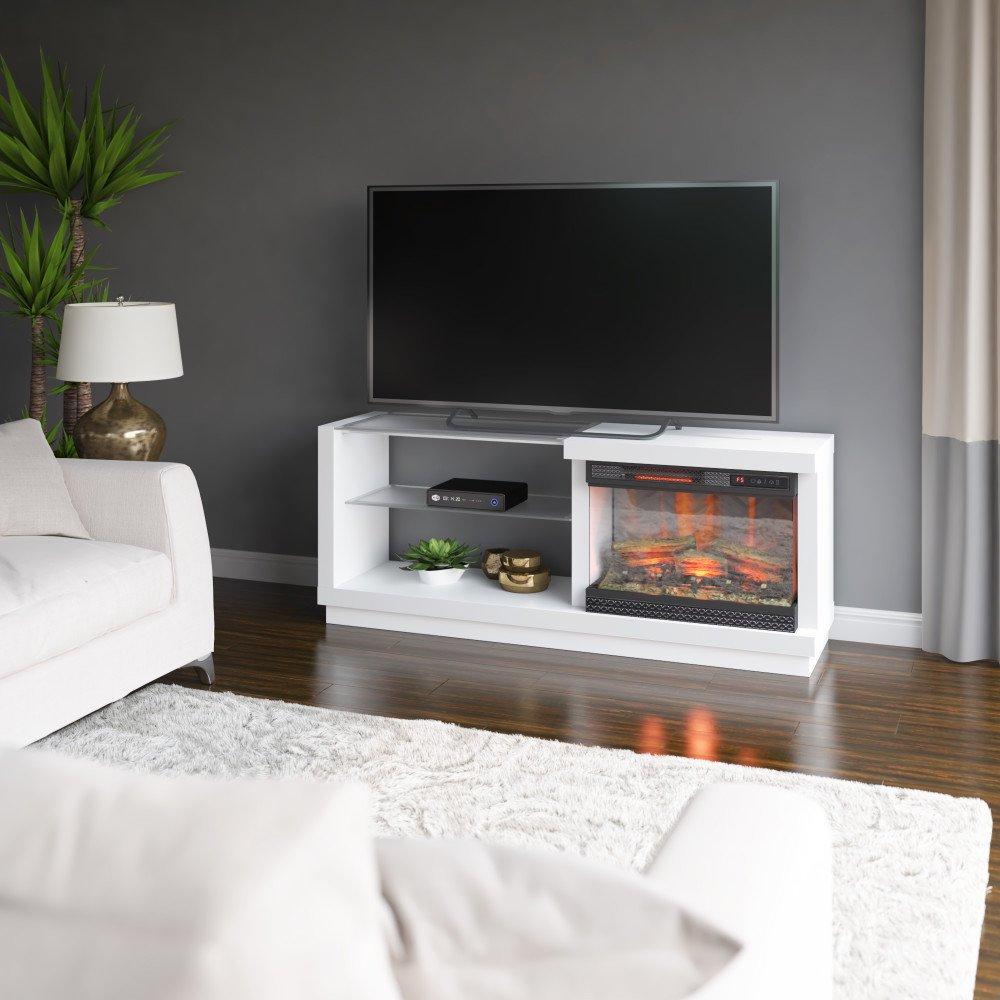 White tv stand with fireplace mantel